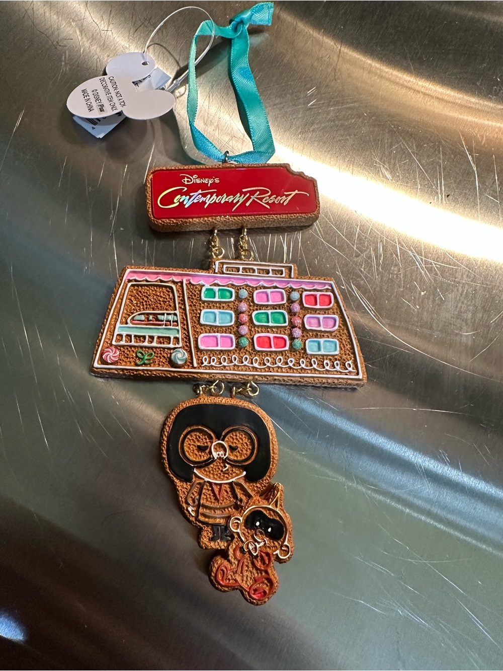 Disney teal, red and pink Contemporary Resort gingerbread ornament